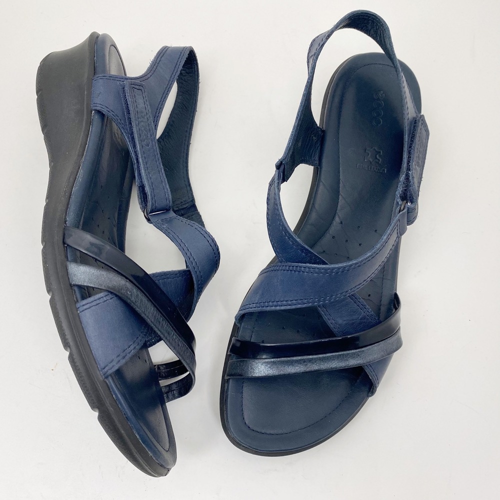 ECCO Felicia Navy Blue Leather Wedge Strappy Sandal Womens 10-10.5 EU 41